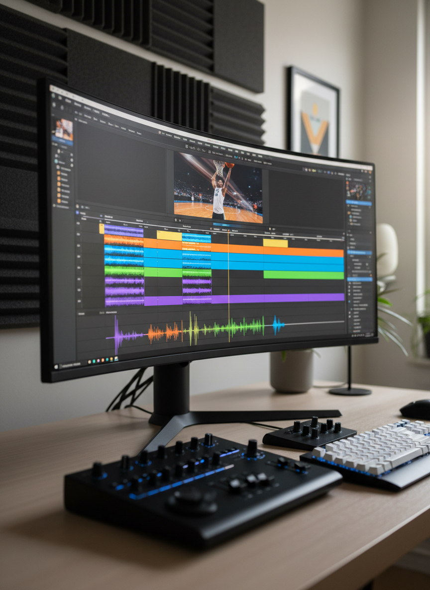 A sleek professional editing workstation featuring a large ultrawide monitor displaying a frozen frame of a high-energy sports highlight timeline in a video editing program. Multiple video tracks with color-coded clips, waveforms, and adjustment layers stretch across the screen, with a polished black control surface and backlit keyboard in the foreground. The desk is a clean matte wood surface with subtle reflections, surrounded by acoustic panels and neutral decor. Soft, diffused studio lighting from above and a gentle side glow from an unseen window create a crisp, focused atmosphere. Shot at eye level with a shallow depth of field, emphasizing the screen and controls, in a clean, modern, photographic realism style suitable for a sports media portfolio homepage hero image.