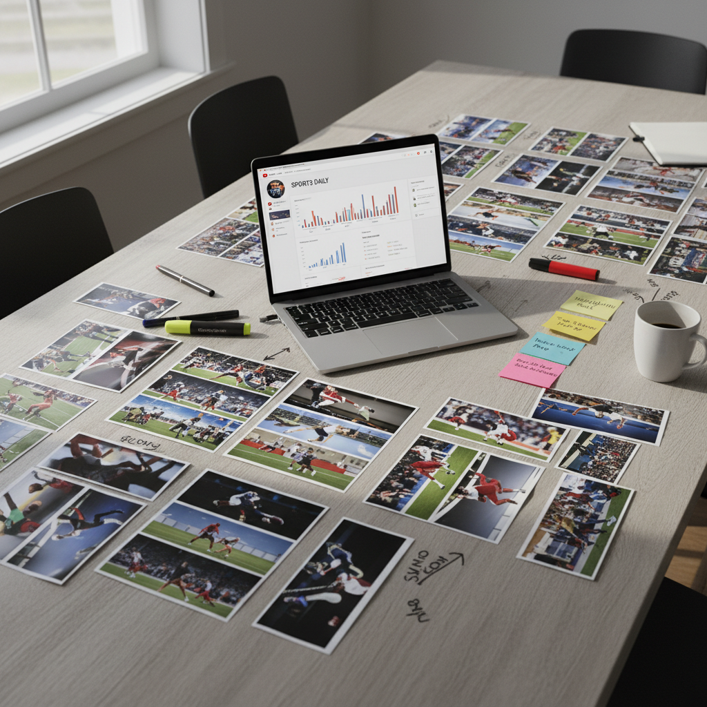 A cinematic overhead shot of a storyboard and planning session for sports features, laid out on a large neutral-toned table. Printed frames of sports action stills, each with handwritten notes and arrows, are arranged in a loose sequence beside a laptop showing a YouTube analytics dashboard for a sports channel. Colorful sticky notes labeled with segment titles like "Highlight Reel", "Player Feature", and "Montage Intro" add vibrant accents. Soft, even daylight from a nearby window spreads across the scene, creating gentle shadows that define each element without distraction. The mood is strategic and creative, with crisp photographic realism and a balanced composition that suggests organized planning for multi-format sports content.