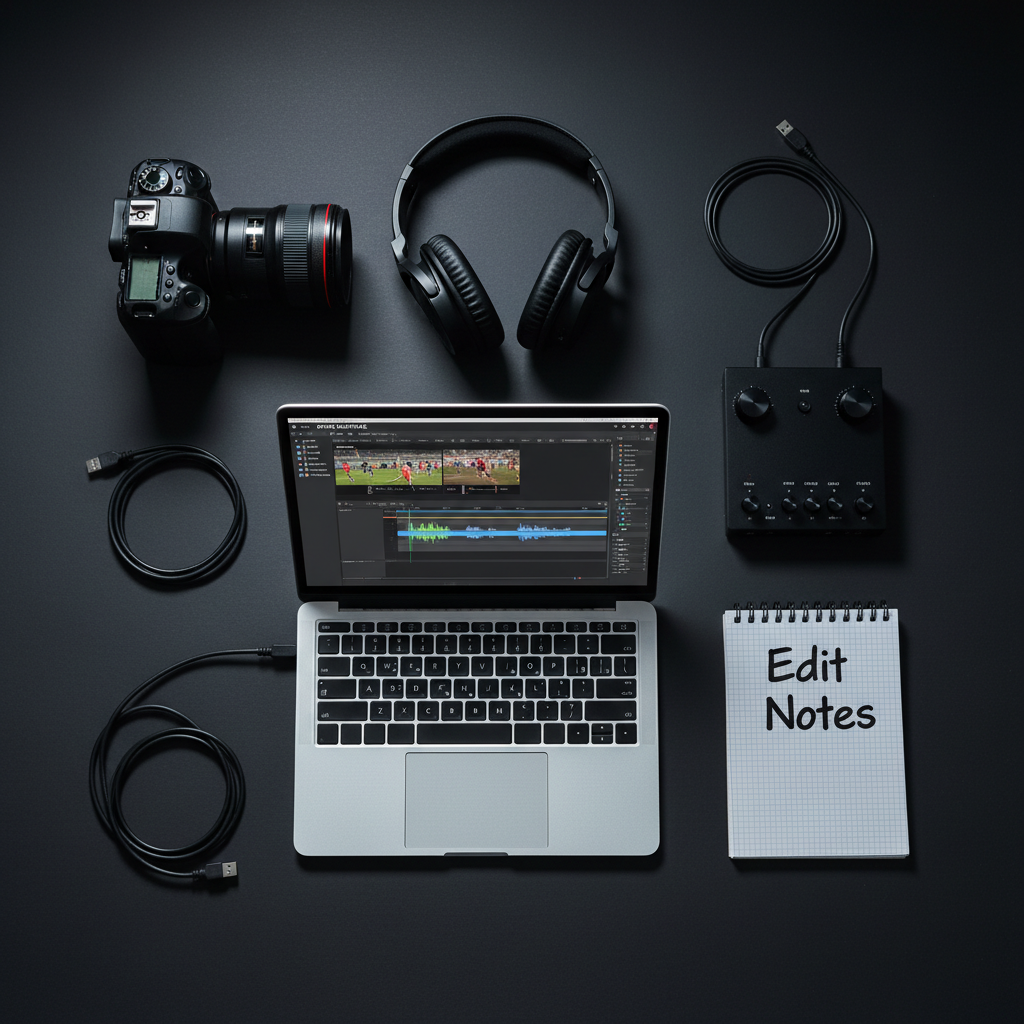 A minimalist flat-lay composition of carefully arranged sports media tools on a dark matte surface: a professional DSLR camera with a telephoto lens, noise-cancelling studio headphones, a slim laptop showing a paused sports montage timeline, a compact audio interface, and a small notebook with a neatly labeled "Edit Notes" cover. A few neatly coiled cables add subtle texture without clutter. Cool, directional overhead lighting creates soft highlights on metal surfaces and gentle shadows around each object, producing a precise, controlled look. The composition follows a balanced grid, with generous negative space for copy placement. The mood is focused and disciplined, with photographic realism that conveys a professional sports editor’s organized workflow.