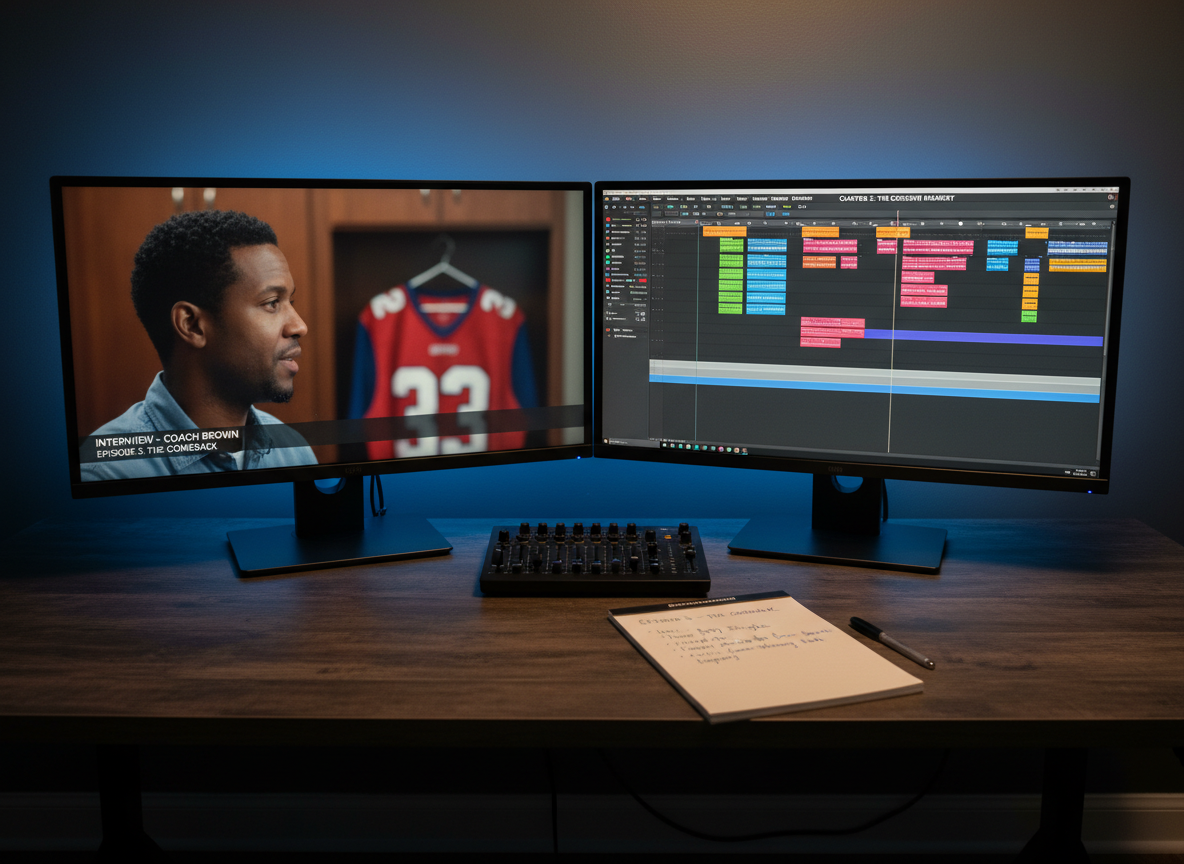 A refined dual-monitor editing bay dedicated to long-form sports documentaries, with one screen showing a color-graded interview frame of a blurred jersey hanging in a locker room, and the other displaying a detailed timeline with labeled chapters like "Season Opener", "Rivalry Game", and "Finals". The monitors rest on a dark, textured desk alongside a slim audio control surface and a notepad open to a carefully structured episode outline. Subtle blue LED backlighting washes the wall behind the monitors, while soft key lighting illuminates the desk surface. Shot straight-on at eye level, the composition is symmetrical and balanced, conveying meticulous, professional storytelling in a clean, modern, photographic style.