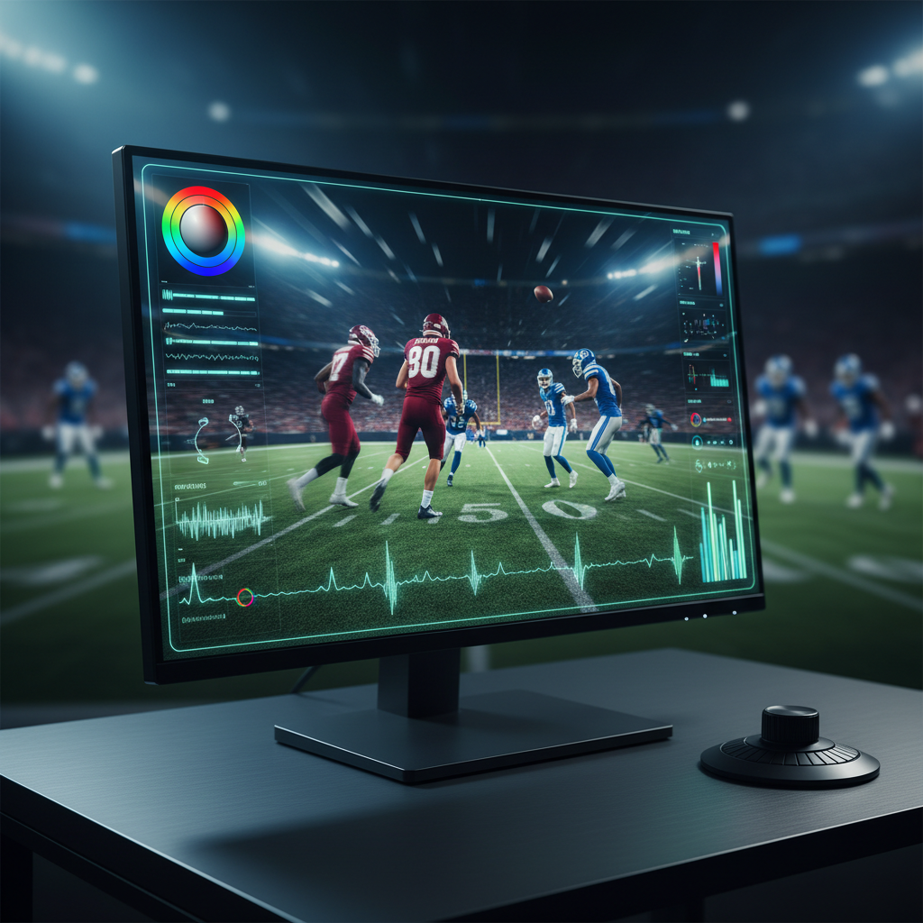 A dramatic close-up of a paused sports play displayed on a high-resolution monitor, showing a crisp stadium field with vivid team colors and motion blur frozen mid-action. Around the screen’s edge, the interface of a video editing program reveals color wheels, waveform scopes, and audio meters glowing subtly. The monitor stands on a clean, dark desk with a tactile, brushed-metal finish, and a compact control dial rests nearby. Focused, cool-toned key lighting highlights the screen while the background falls into a soft, cinematic bokeh. Shot from a slightly low angle to give the screen prominence, the photographic style is modern and dynamic, evoking precision and high-stakes sports storytelling.